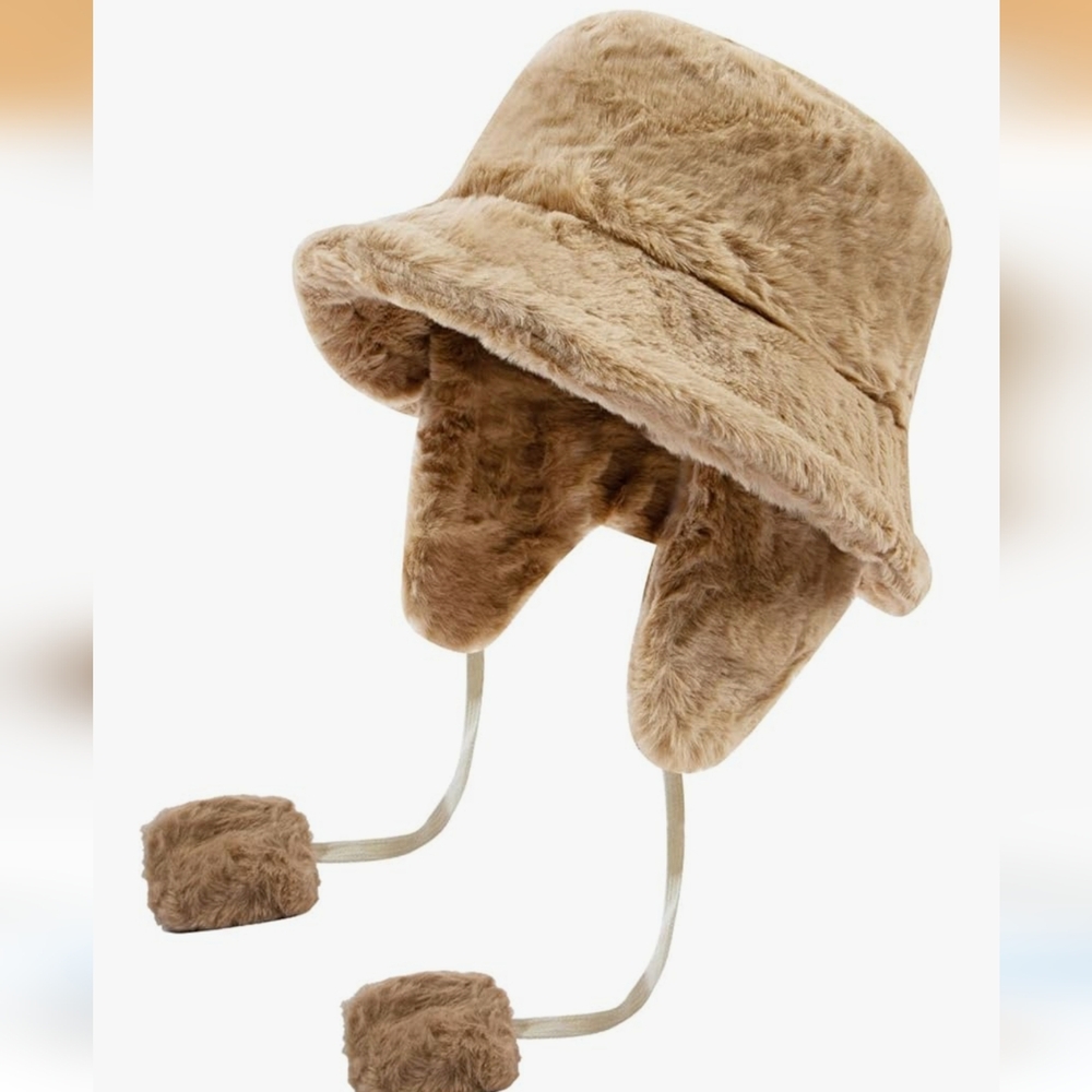 Faux Fur Bucket Hat with Pom Poms